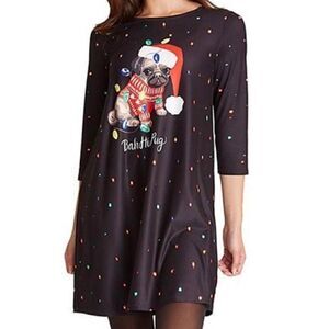 DRESS WORKS Women’s Holiday Print Swing Dress.  “Bah Hum Pug”